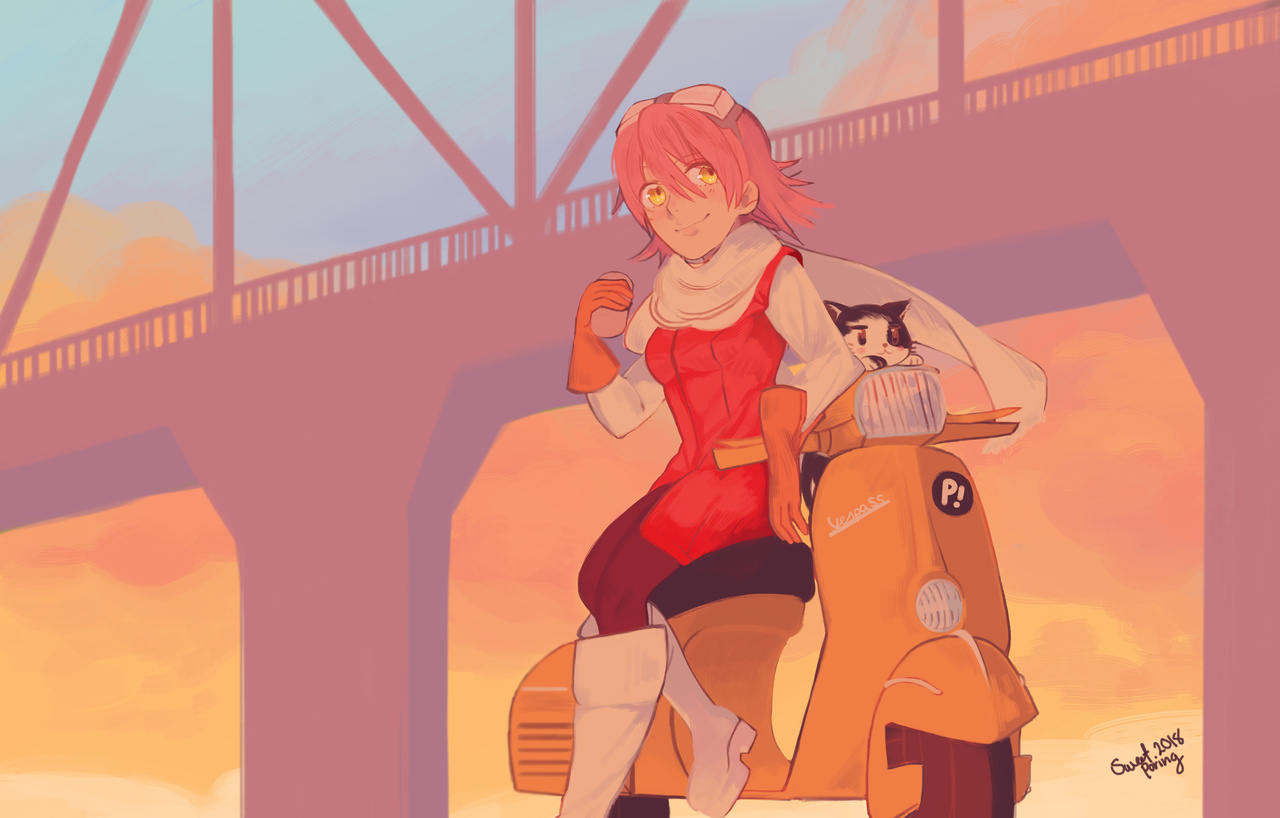 First commission from Fetsu with Haruka from FLCL (Fooly Cooly) and his loving cat, Jinx.