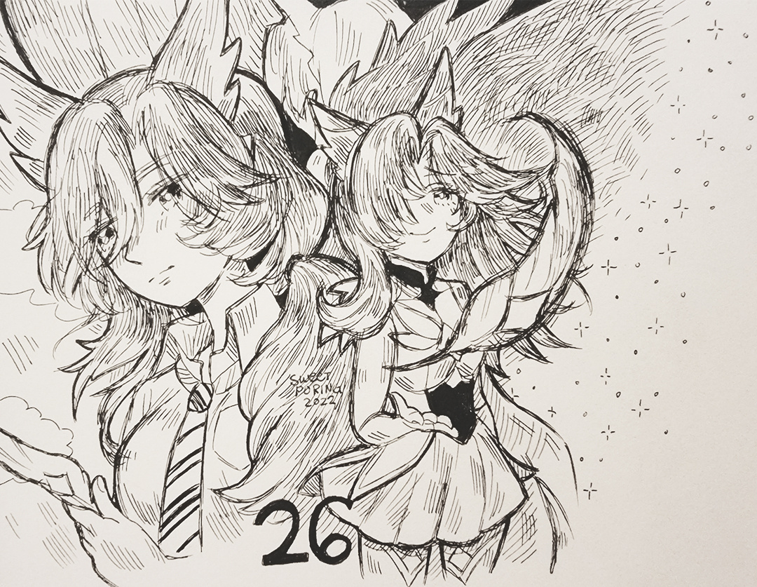 Fountain Pen medium for #Inktober2022 festivity. 26th prompt - Ego (alter-ego). The alter-egos of Xayah from League of Legends - Star Guardian series.