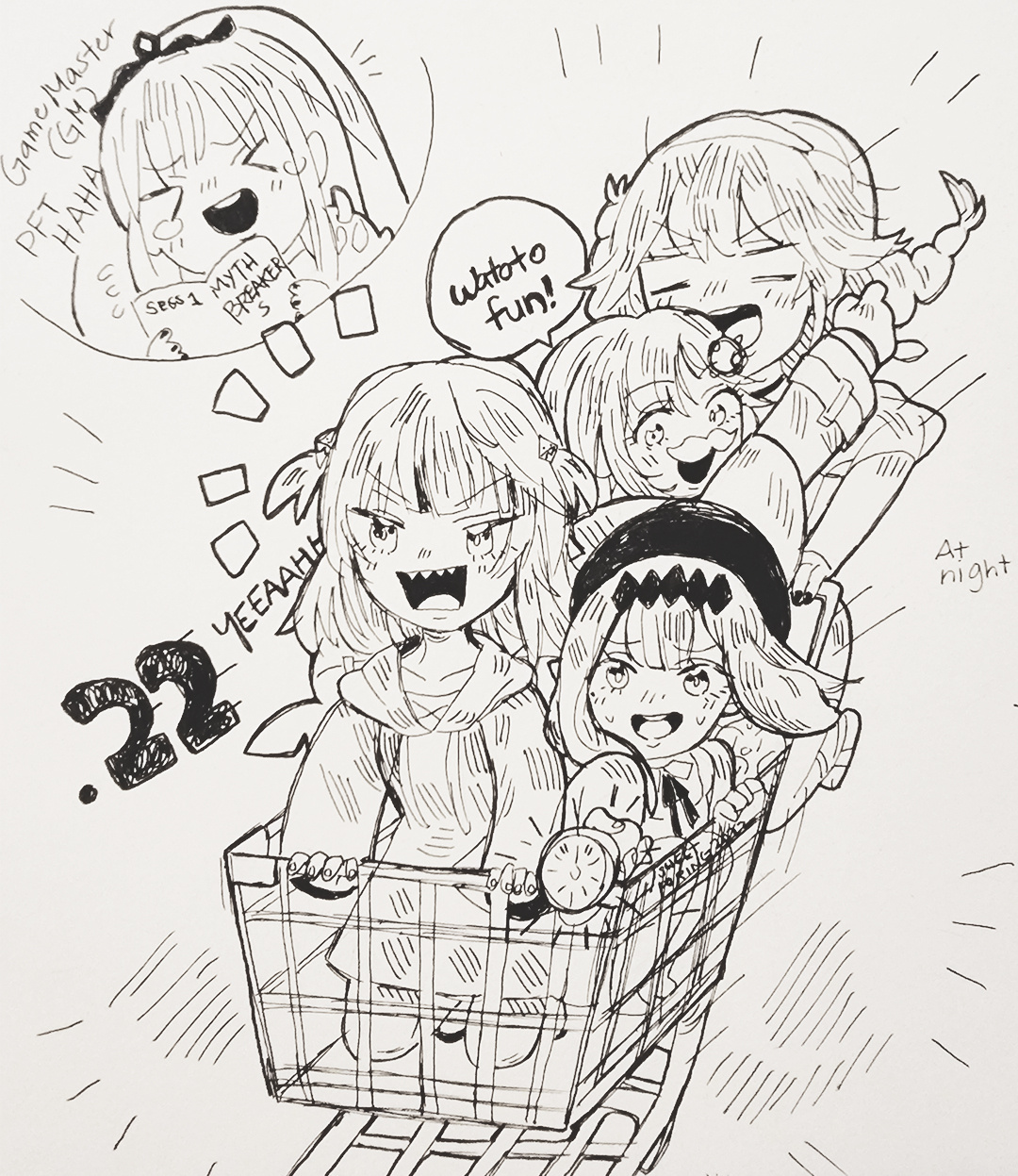 Fountain Pen medium for #Inktober2022 festivity. 22th prompt - Heist. Hololive ENG members - Calli, Gura, Ina, Amelia and Kiara hiesting a driving a shopping cart from their Mythbreakers session 1.