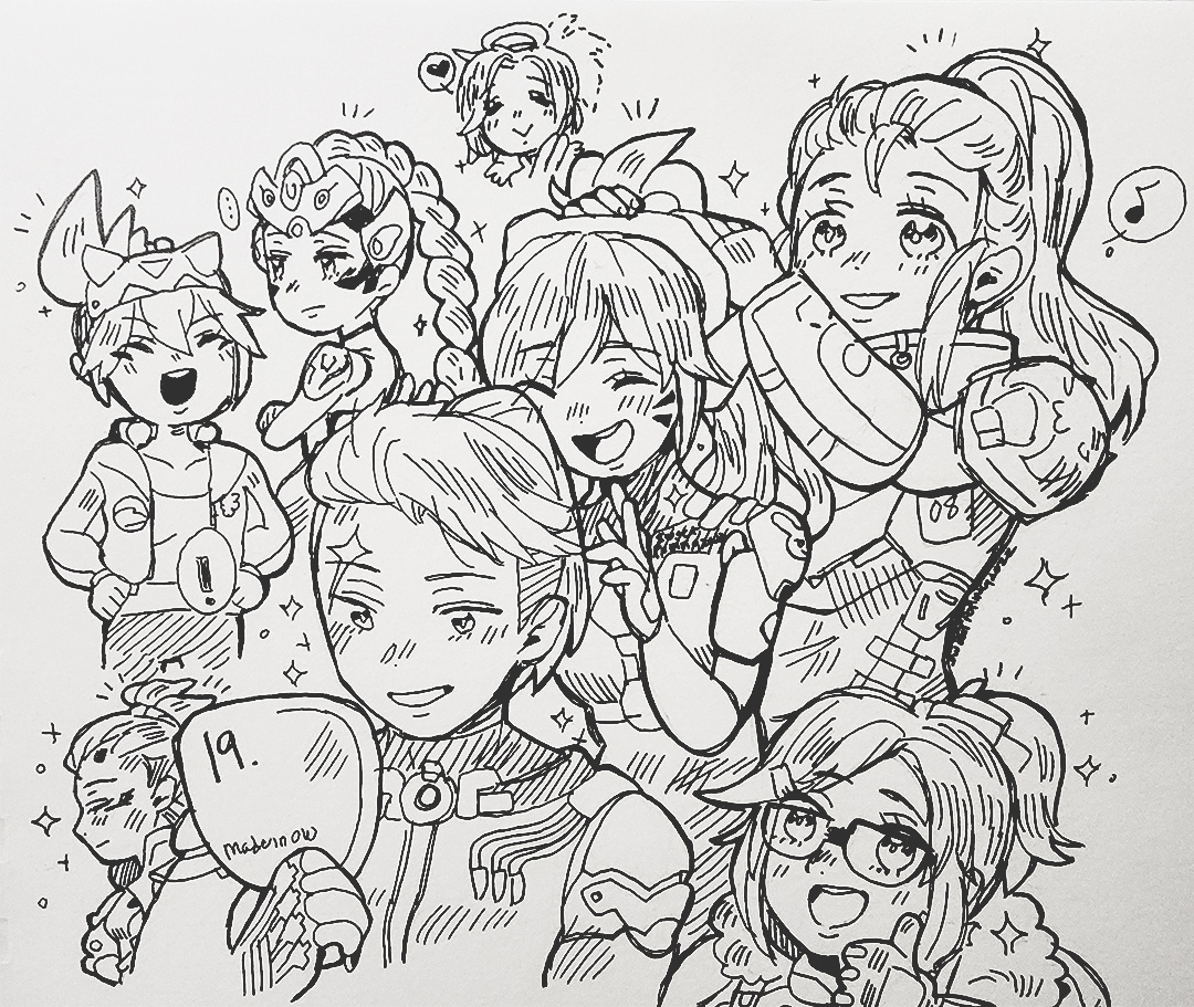 Fountain Pen medium for #Inktober2022 festivity. 19th prompt - Ponytail. The original skins with ponytails featuring Zarya, D.Va, Brigitte, Mei, Soujourn, Kiriko, Widowmaker and Mercy from Overwatch 2.