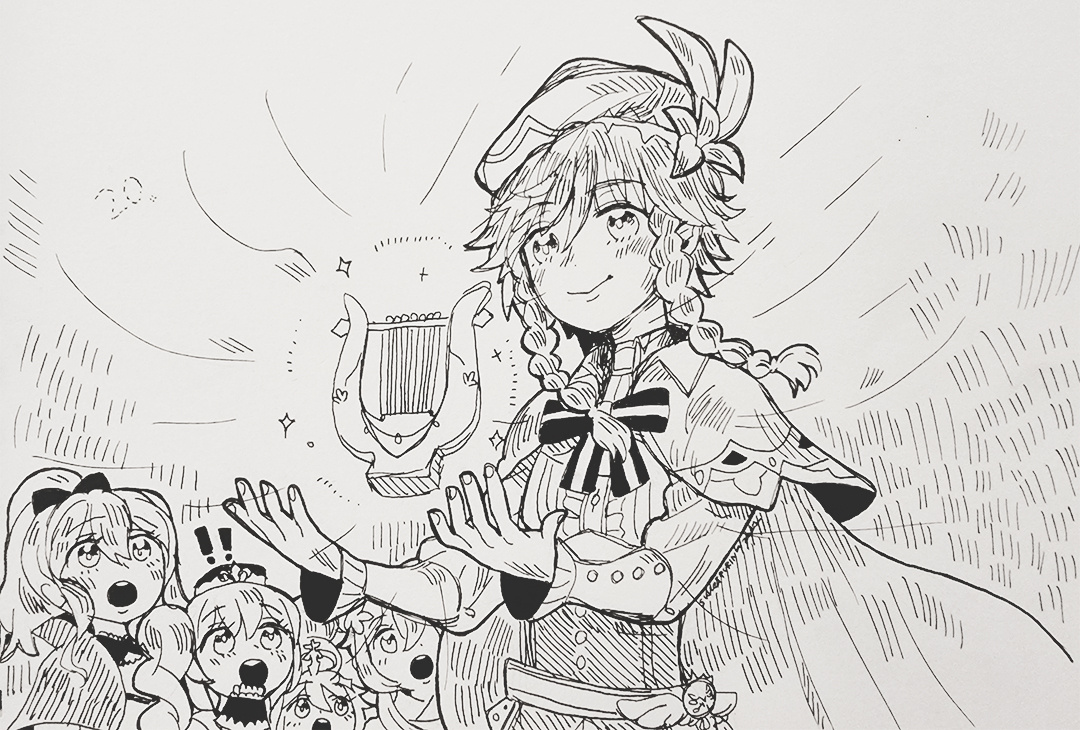 Fountain Pen medium for #Inktober2022 festivity. 22th prompt - Bluff. Jean, Barbara, Paimon and traveler witnessing Venti "fixing" the Holy Lyre from Genshin Impact.