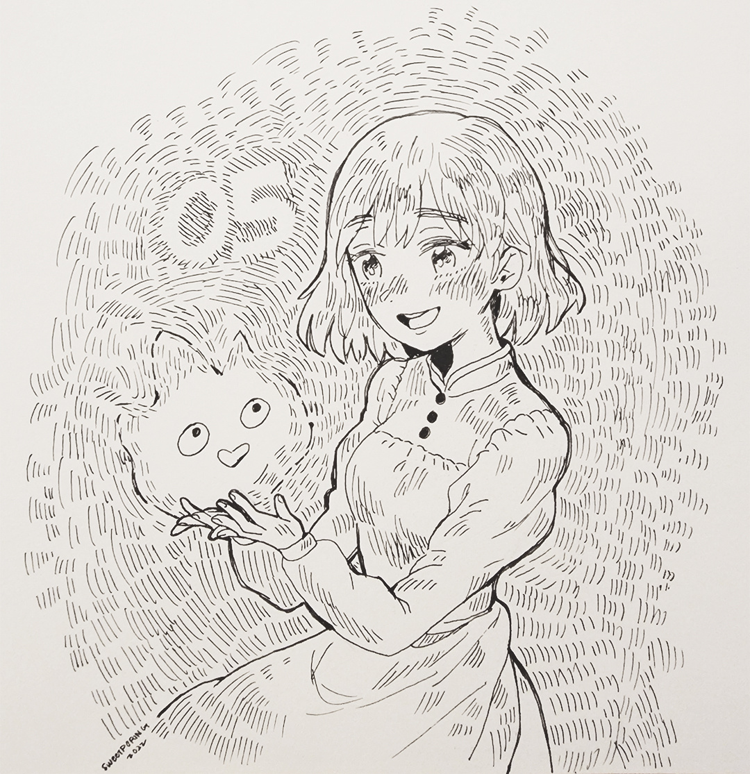 Fountain Pen medium for #Inktober2022 festivity. 5th prompt - Flame. Calcifer and Sophie from Howl's Moving Castle.