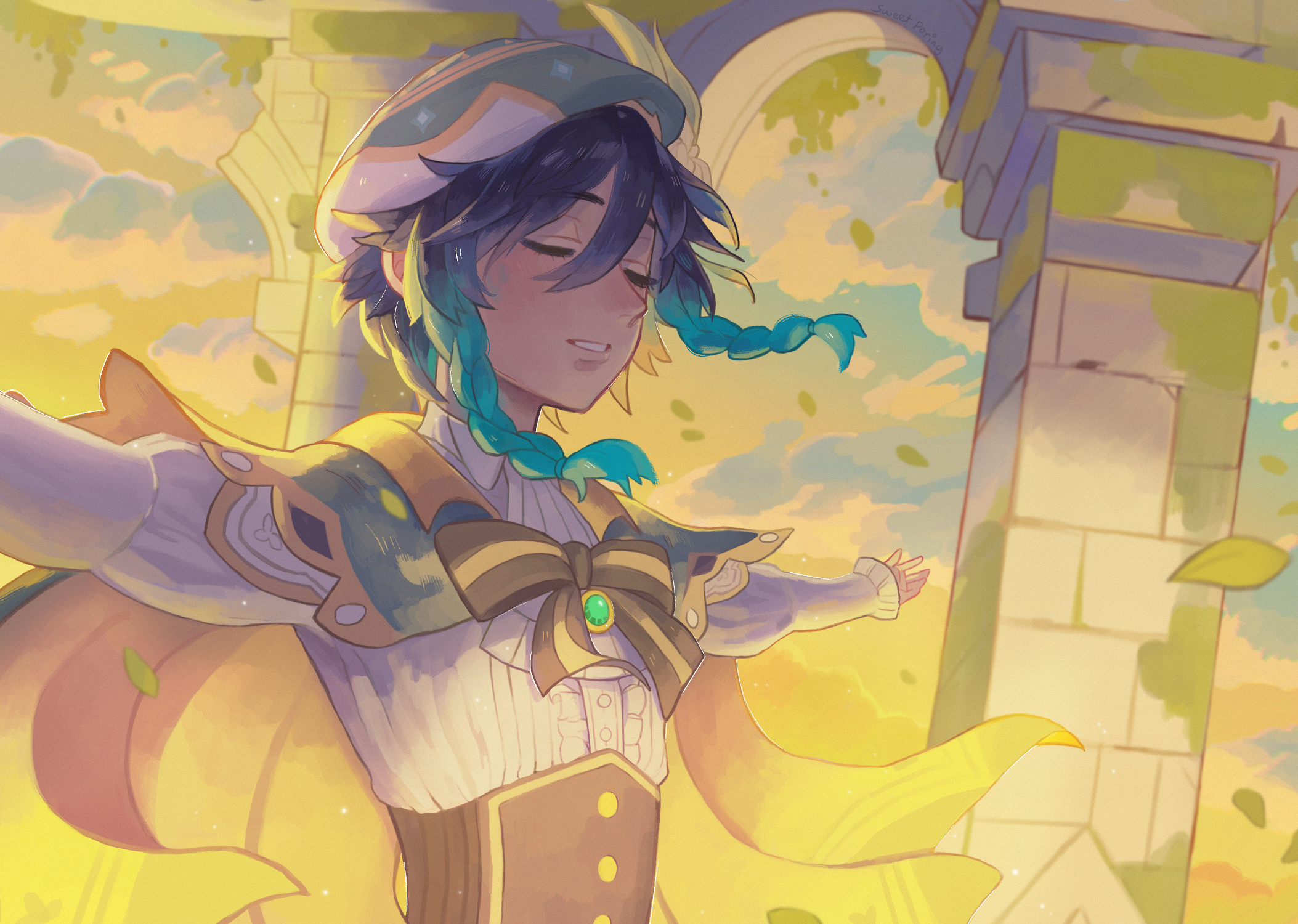 Venti from Genshin Impact. Art entry for the 2023 Venti contest "Windborne Bard".